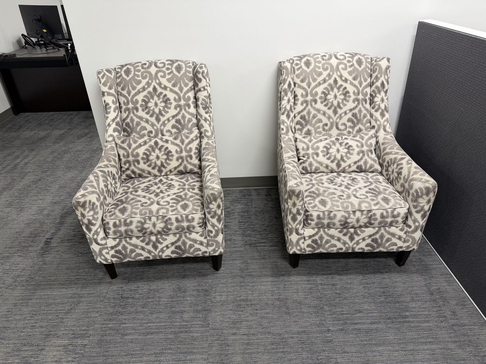 Pair of Upholstered Wingback Accent Chairs - Patterned Gray & White Fabric Armchairs