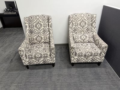 Pair of Upholstered Wingback Accent Chairs - Patterned Gray & White Fabric Armchairs