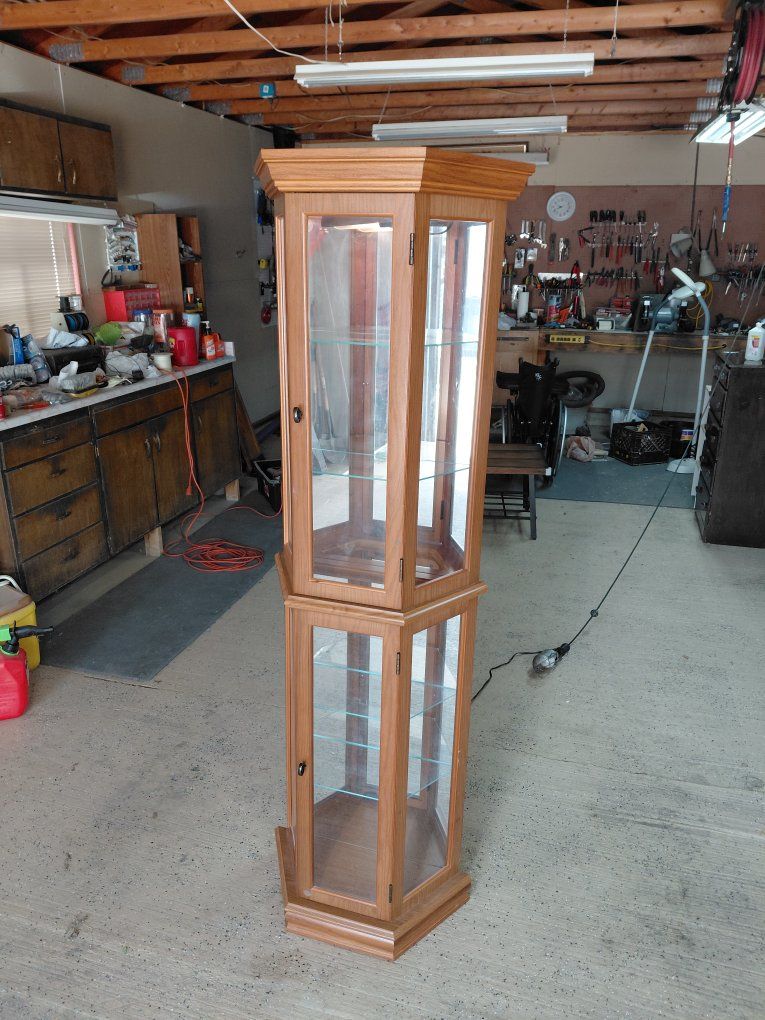 Wooden Corner Display Cabinet with Glass Shelves and Doors