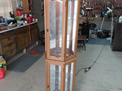 Wooden Corner Display Cabinet with Glass Shelves and Doors