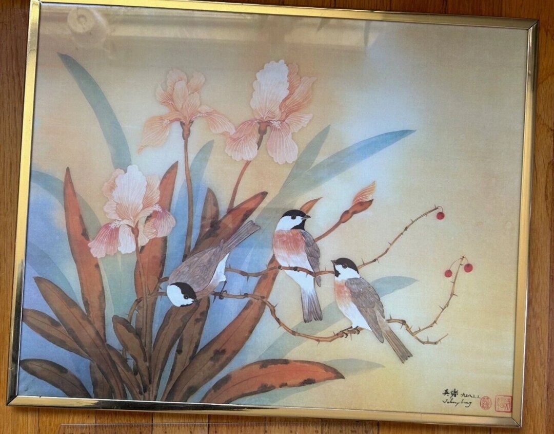 Vintage Asian Art Framed Bird Prints, Lithograph,