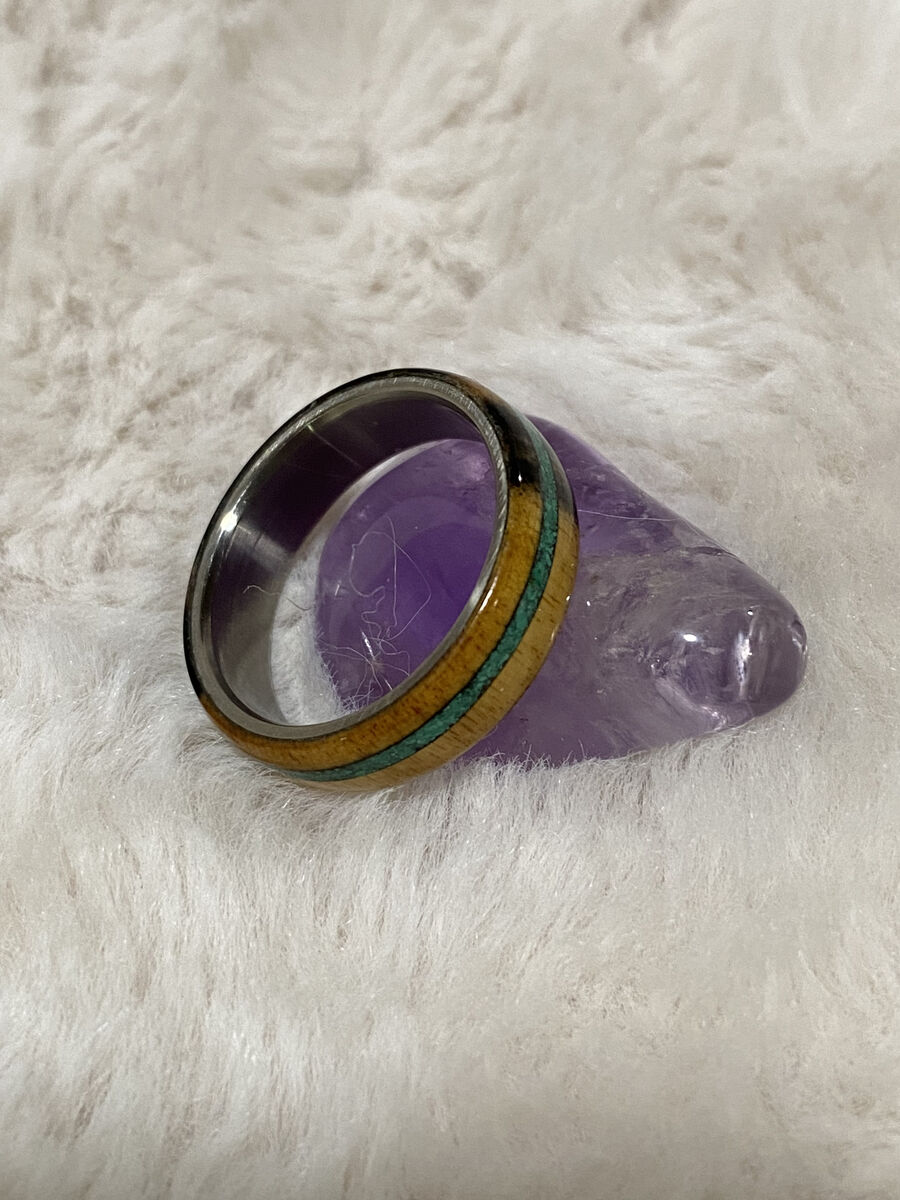 Unisex Titanium Ring w. Wood & Turquoise Size 8.5
