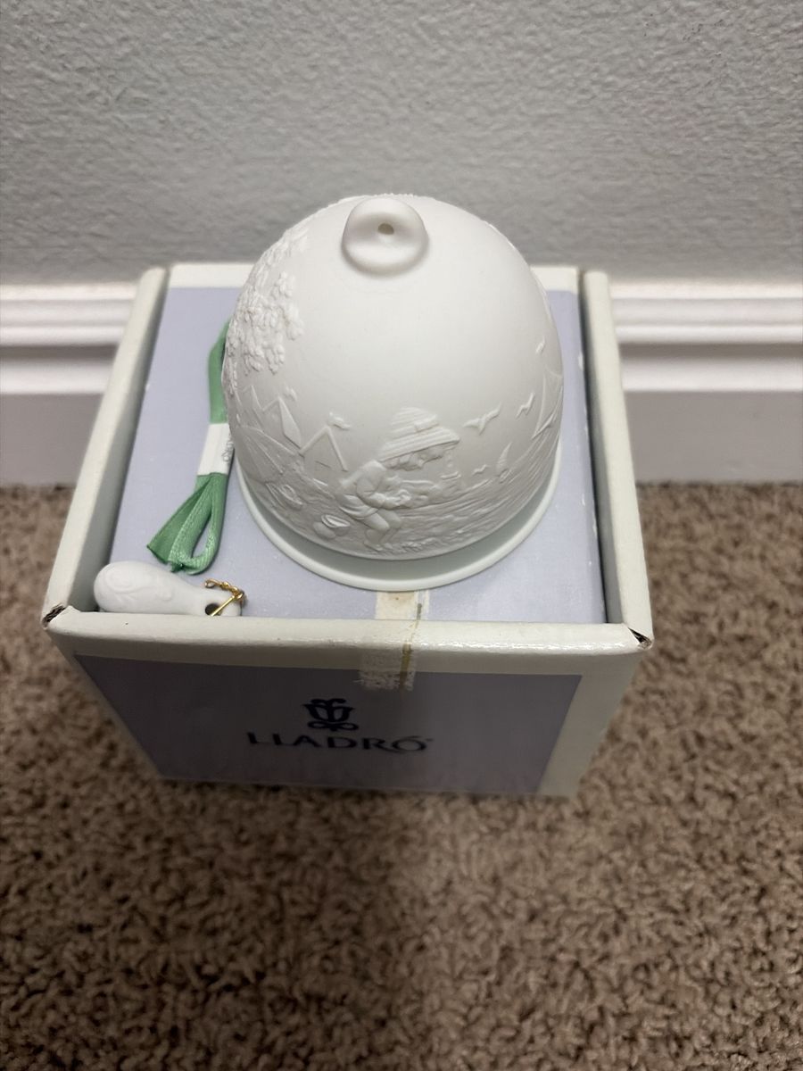 Lladro White Porcelain Christmas Bell Ornament with Embossed Winter Scene - New in Box