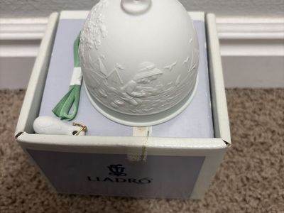 Lladro White Porcelain Christmas Bell Ornament with Embossed Winter Scene - New in Box