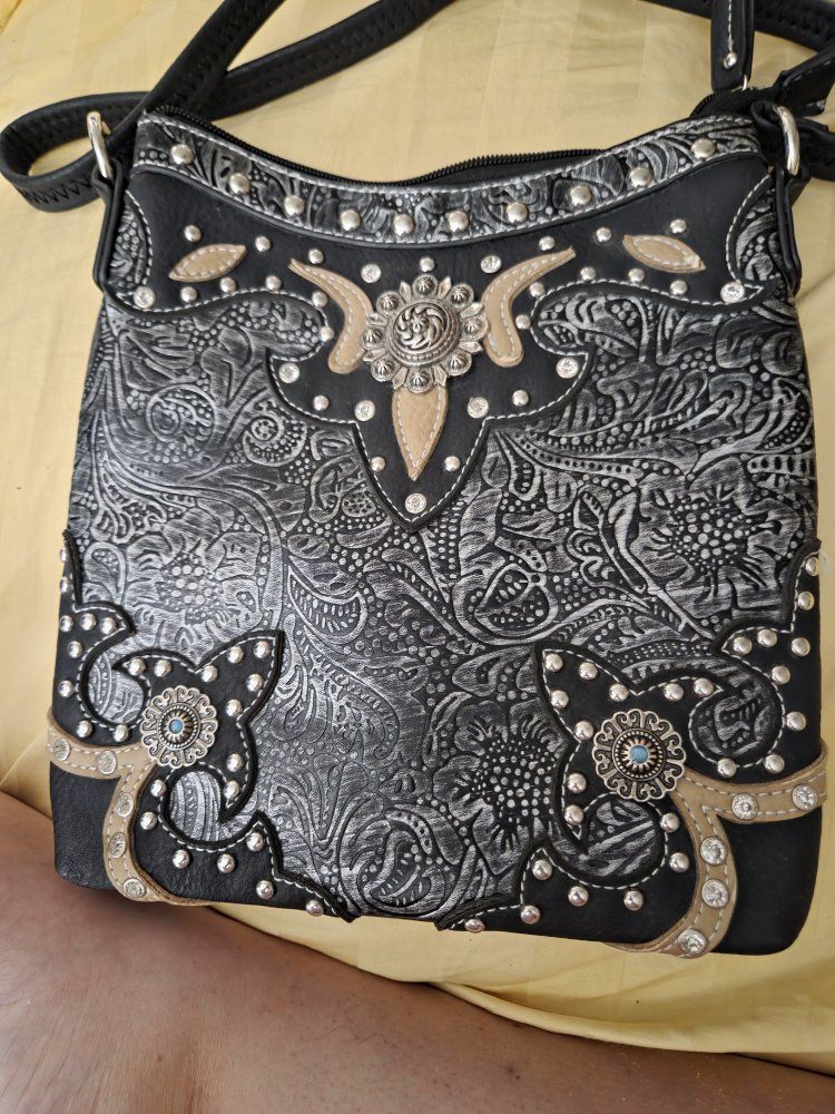 Western Style Black & Silver Paisley Crossbody Bag with Studs and Conchos