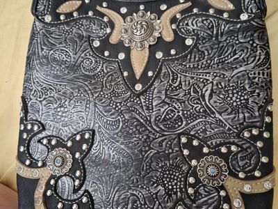 Western Style Black & Silver Paisley Crossbody Bag with Studs and Conchos