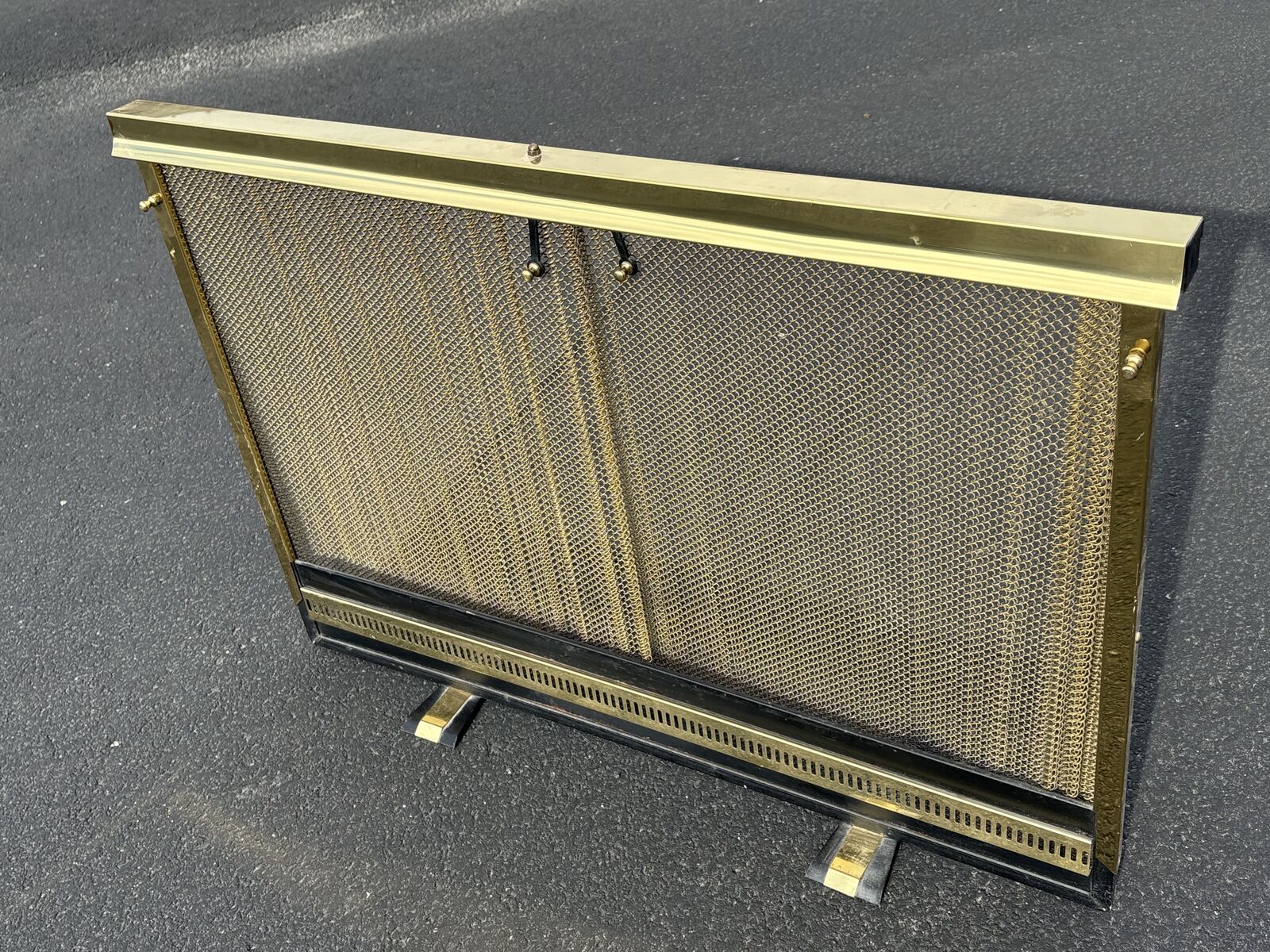 Stunning vintage gold Mid Century Modern fireplace screen, metal mesh  MCM Hearth