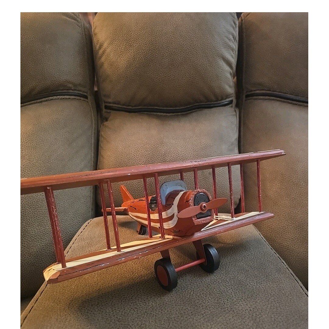 Vintage Model Biplane Red Wood Spinning Propeller