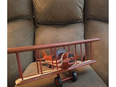 Vintage Model Biplane Red Wood Spinning Propeller