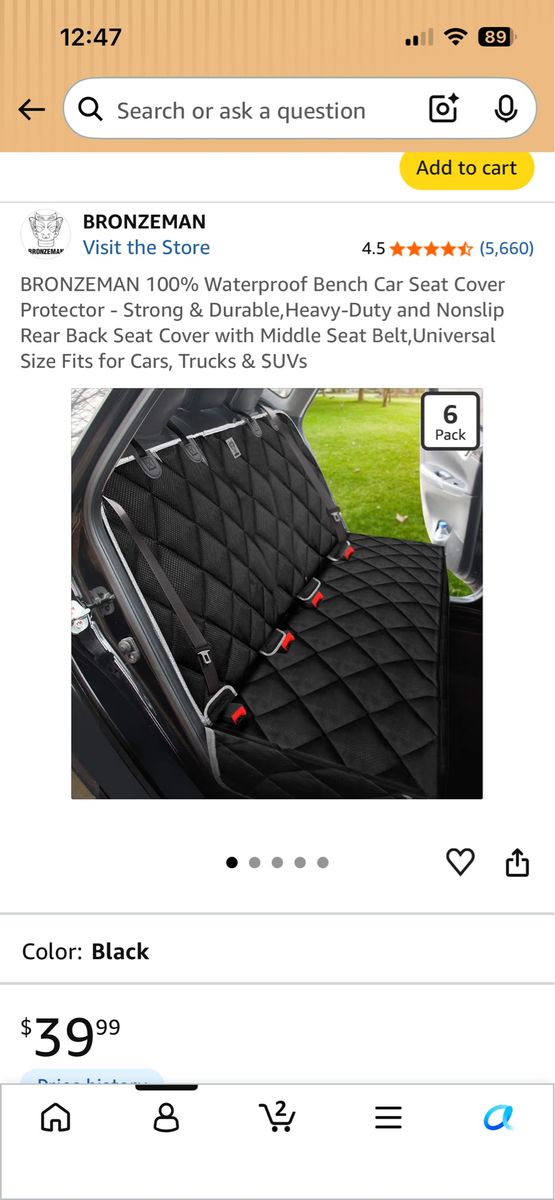 Water Proof Car Seat Cover for Backseat