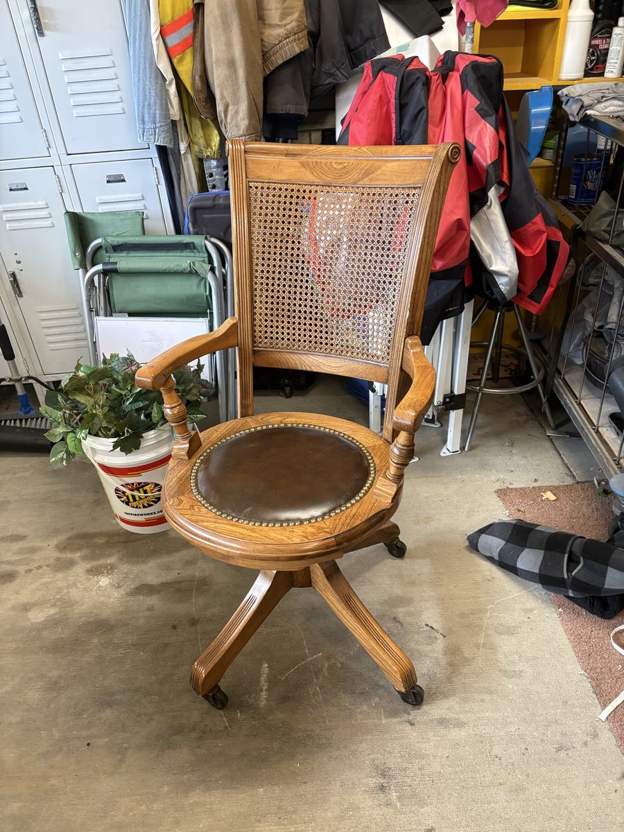 Vintage Oak Wood & Cane Swivel Office Chair with Leather Seat - Classic Design
