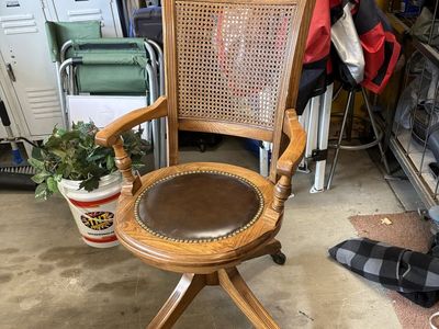 Vintage Oak Wood & Cane Swivel Office Chair with Leather Seat - Classic Design