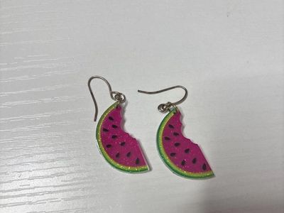 Fun Watermelon Slice Dangle Earrings - Sparkly Pink & Green Novelty Jewelry