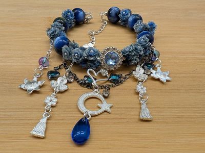 Handmade Blue Beaded Charm Bracelet with Rhinestones & Crescent Moon Pendant, Unique Gift