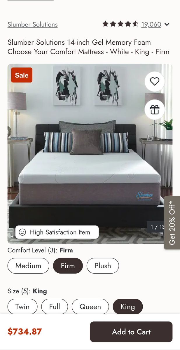Slumber Solutions 14" King Firm Gel Memory Foam Mattress - White