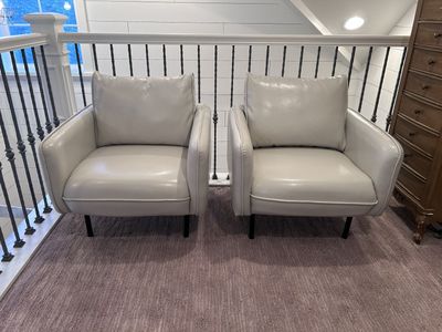 Pair of Light Gray Modern Leather Armchairs with Black Metal Legs