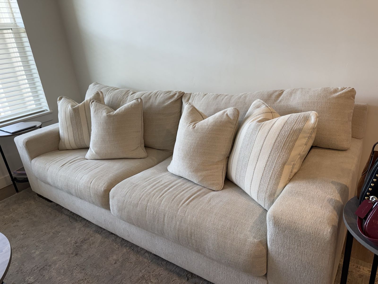 Spacious Beige Fabric Sofa with Throw Pillows - Excellent Condition