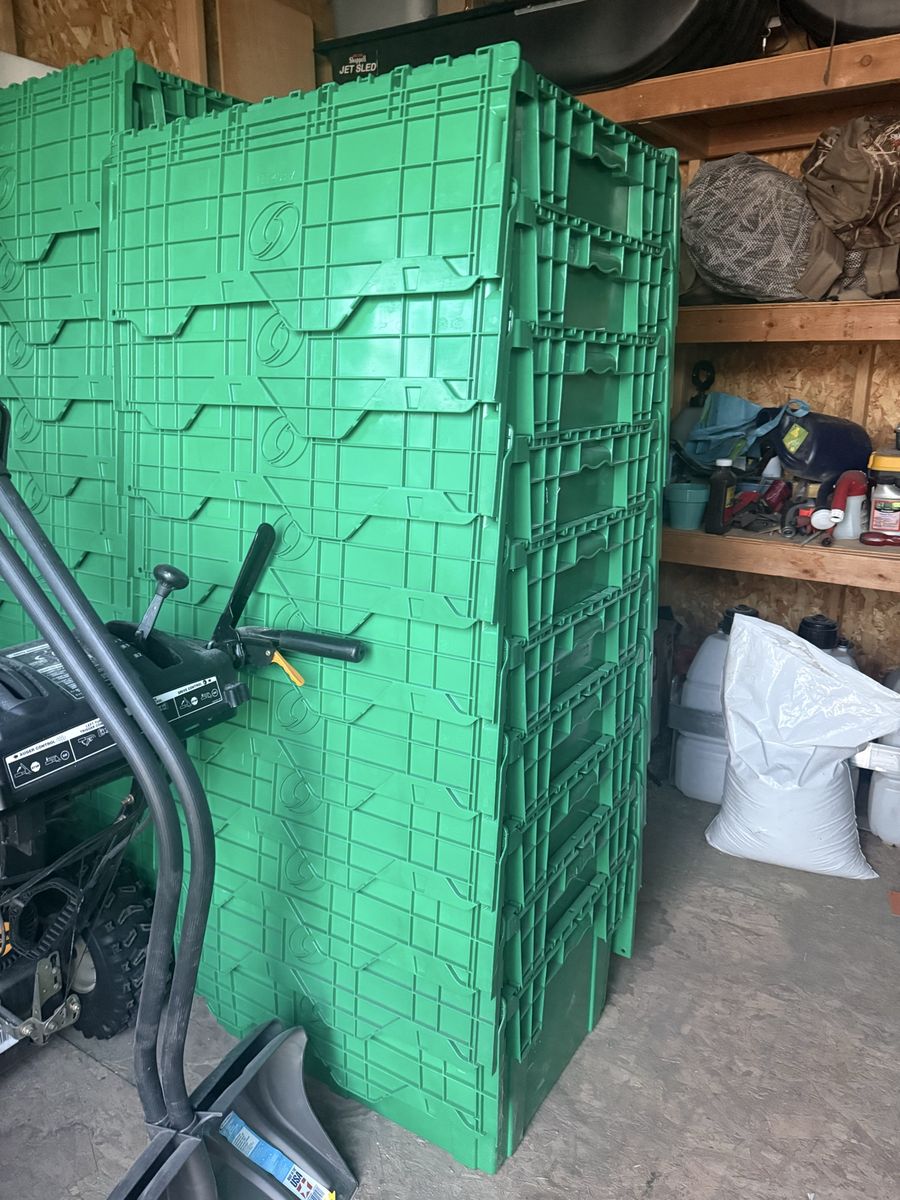 29 Large Green Plastic Storage Totes - Stackable & Durable Moving Crates