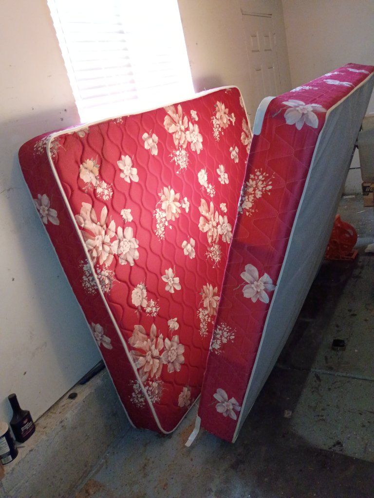 Red Floral Queen Mattress and Box Spring Set - Used, Good Condition, Perfect for Guest Room
