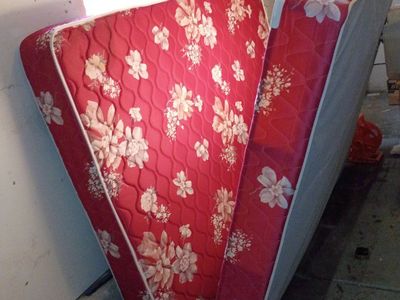 Red Floral Queen Mattress and Box Spring Set - Used, Good Condition, Perfect for Guest Room