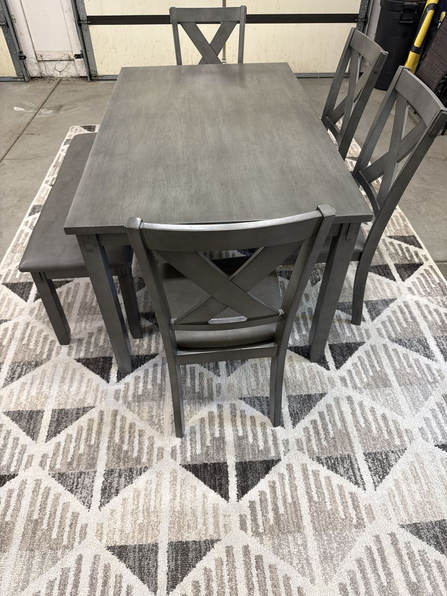 Gray Dining Table Set with X-Back Chairs and Bench