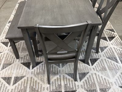 Gray Dining Table Set with X-Back Chairs and Bench