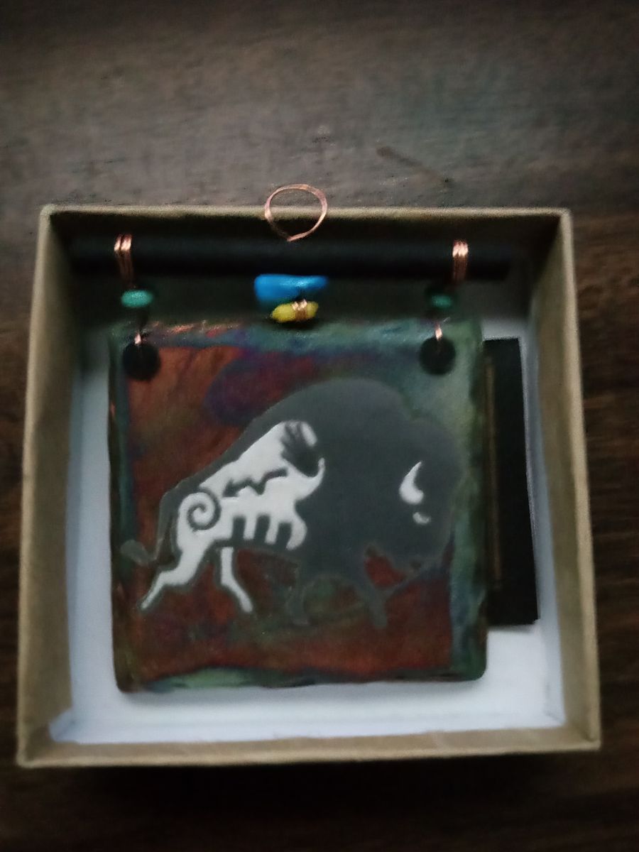 Raku pottery art tile dreamcatcher native American style buffalo bison copper turquoise signed