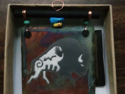 Raku pottery art tile dreamcatcher native American style buffalo bison copper turquoise signed