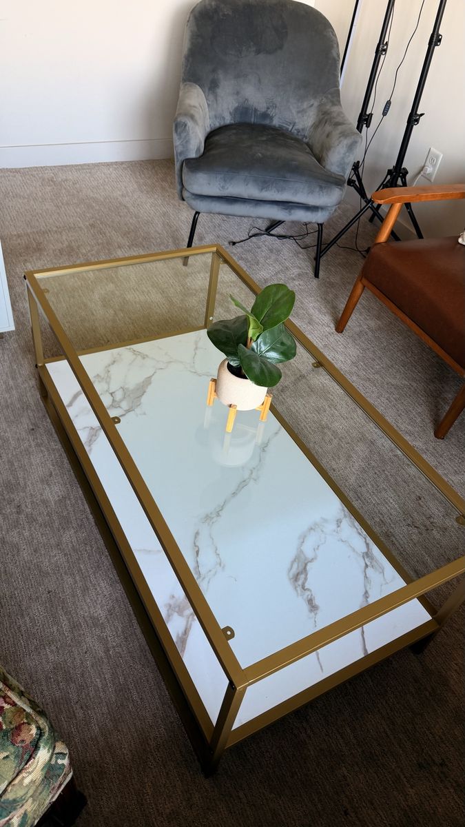 Gold Metal and Glass Coffee Table with Faux Marble Shelf - Modern Rectangular