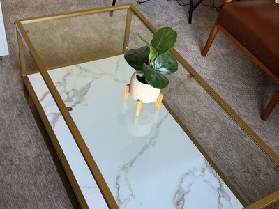 Gold Metal and Glass Coffee Table with Faux Marble Shelf - Modern Rectangular