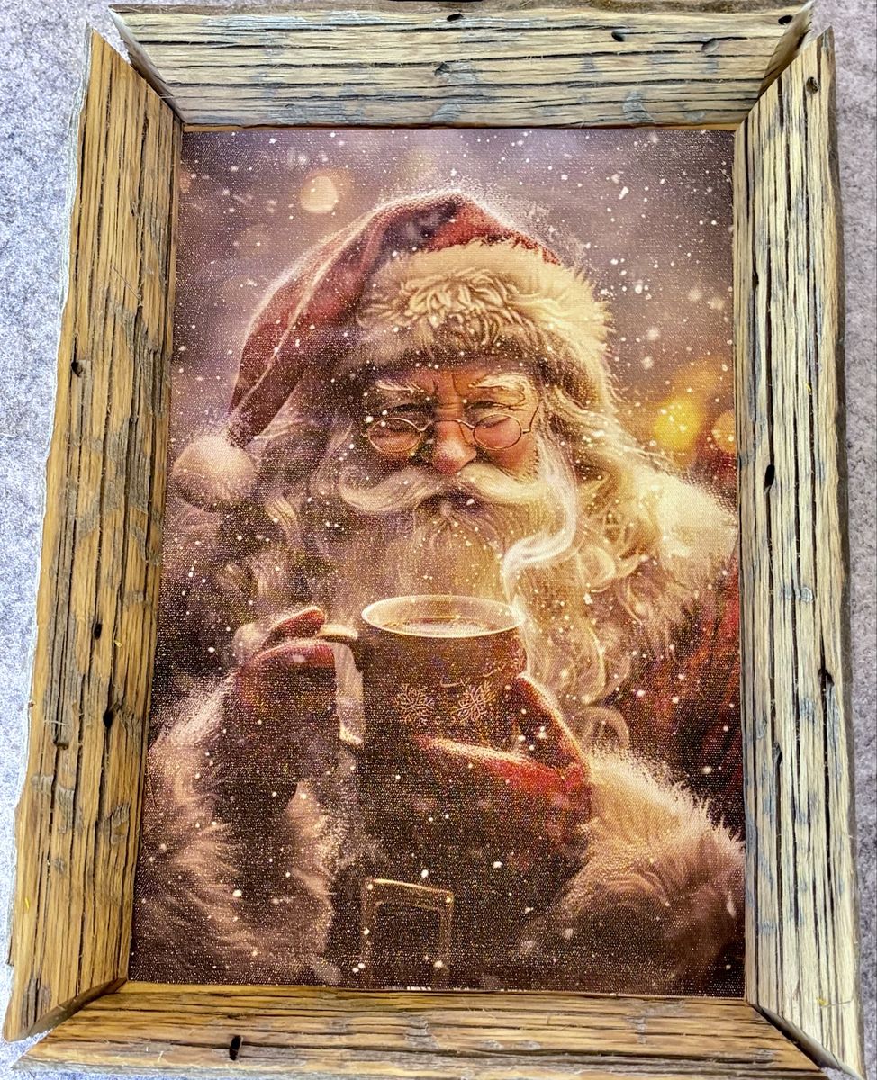 Rustic Framed Santa Claus Canvas Art Print - Holiday Decor with Hot Cocoa