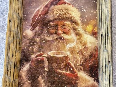 Rustic Framed Santa Claus Canvas Art Print - Holiday Decor with Hot Cocoa