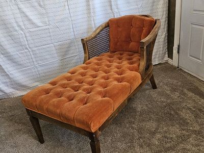 hollywood Regency tufted cane style chaise chair