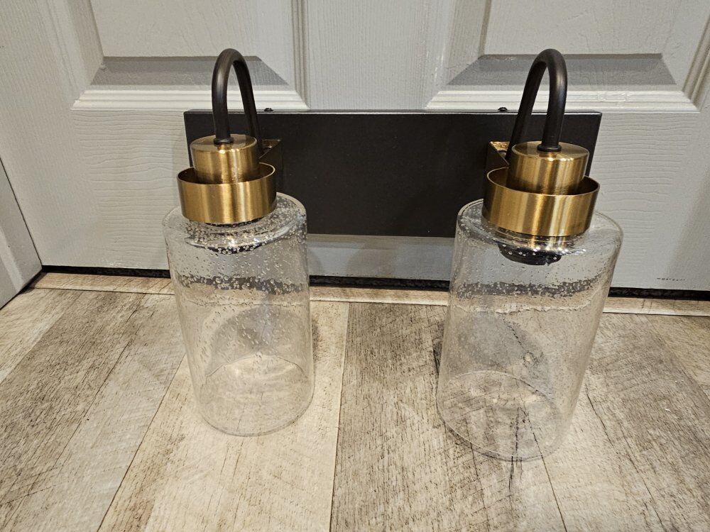 NEW 2 LIGHT RUBBED OIL AND GOLD VANITY LIGHT