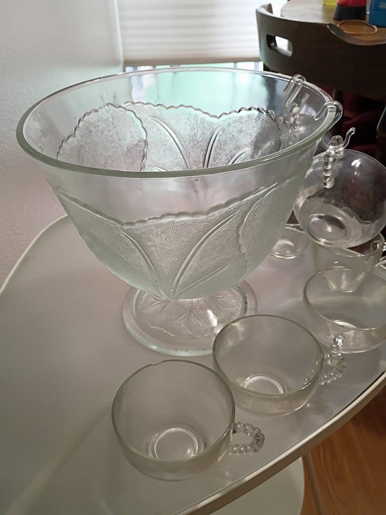 Cut Glass Punch Bowl Set with Matching Cups & Hanging Hooks