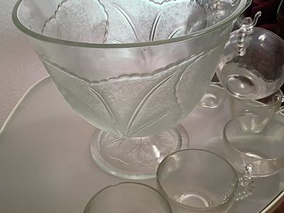 Cut Glass Punch Bowl Set with Matching Cups & Hanging Hooks