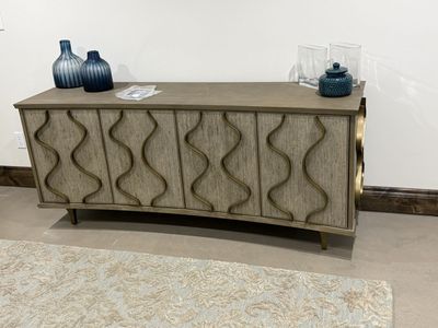 Modern Wooden Credenza Buffet with Wavy Gold Accents and Storage Shelves