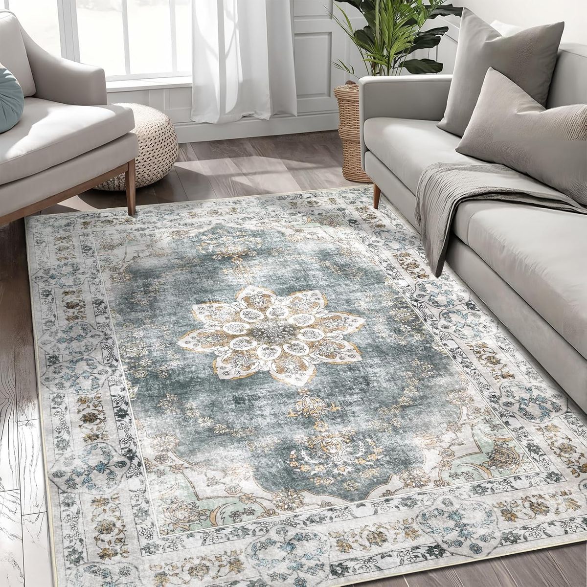 NEW 5×7 Washable Rug for Living Room, Vintage Floral Botanical Distressed Medallion