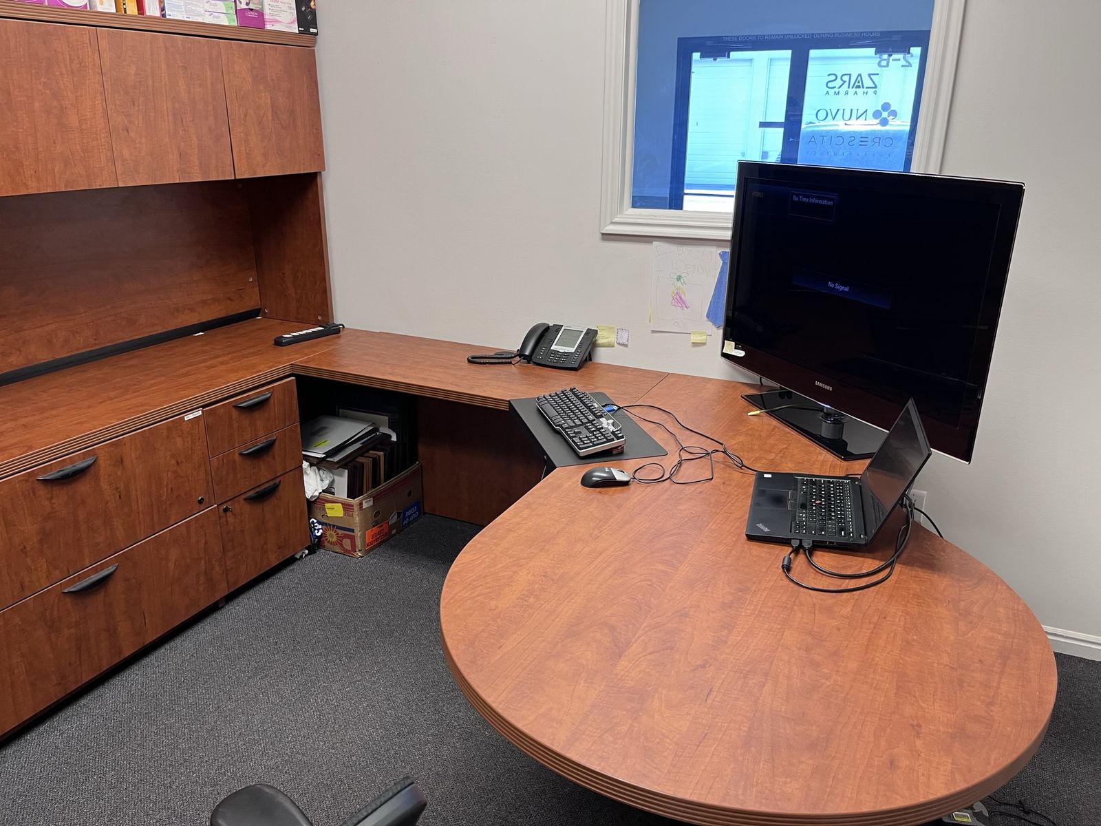 Spacious L-Shaped Office Desk with Hutch and Round Extension - additional pieces available