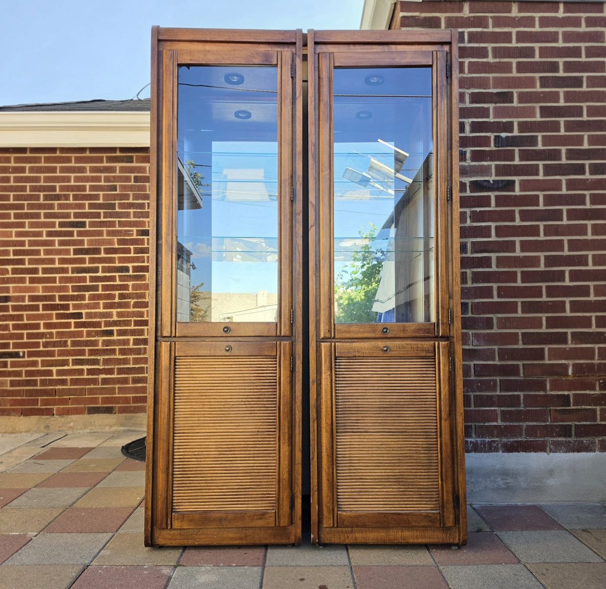 FREE  DELIVERY  Pair Of Vintage Wood and Glass Display Cabinets