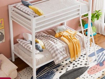 White Metal Twin-Sized Bunk Bed Frame with Ladder