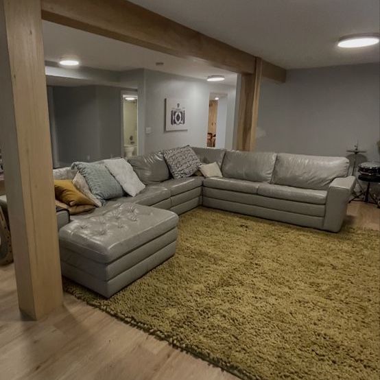 Large Gray L-Shaped Sectional Couch with Ottoman - Good Condition