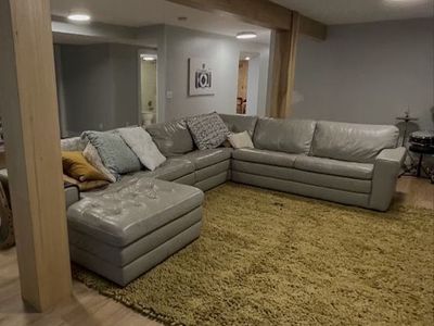 Large Gray L-Shaped Sectional Couch with Ottoman - Good Condition