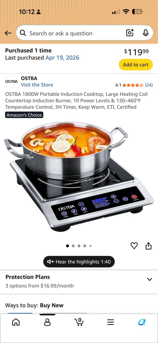OSTBA 1800W Portable Induction Cooktop - Countertop Burner, 10 Power Levels, 3H Timer, ETL Certified