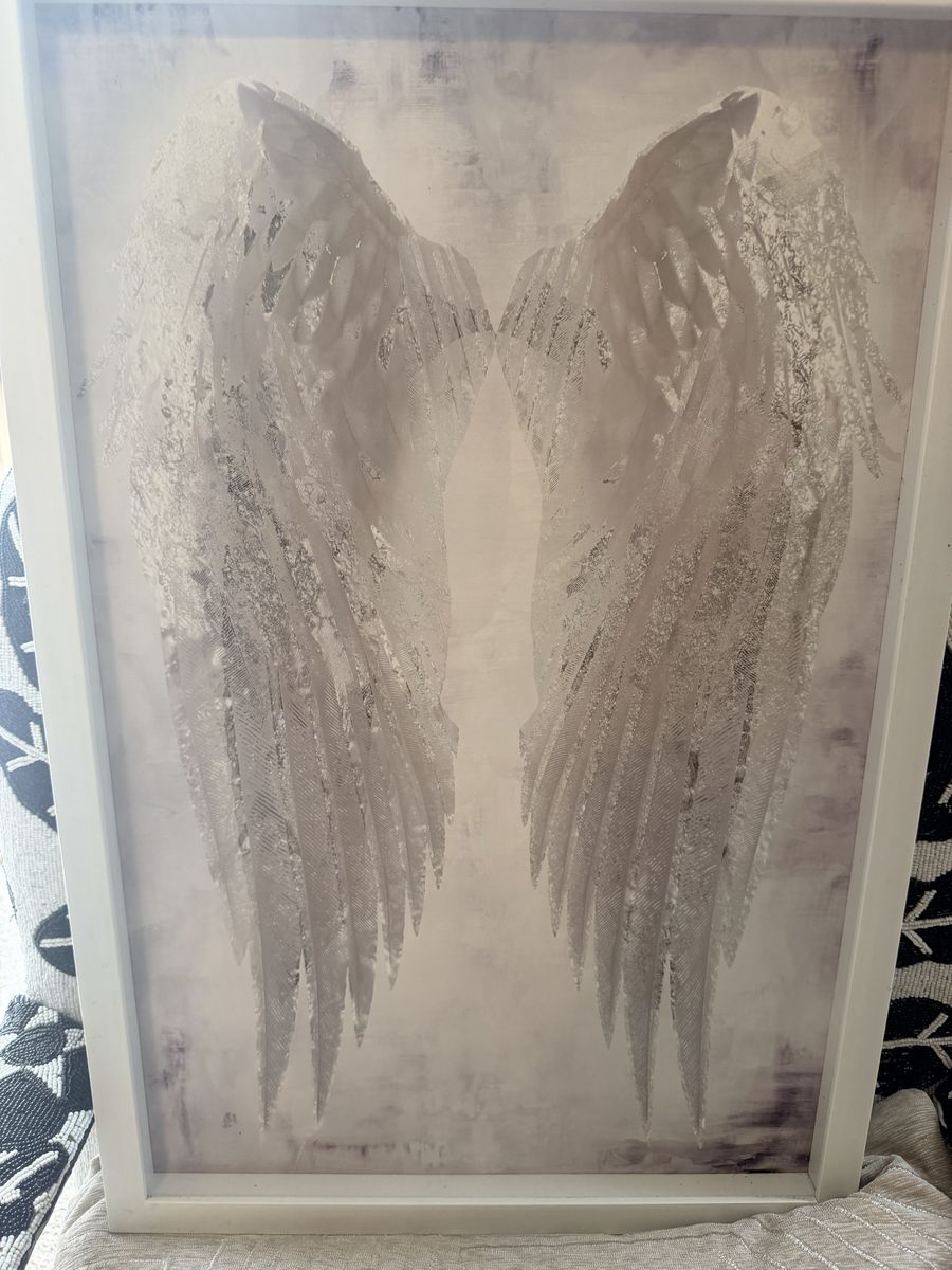 Framed Angel Wings Canvas Wall Art - White and Silver Accent Picture 16x24