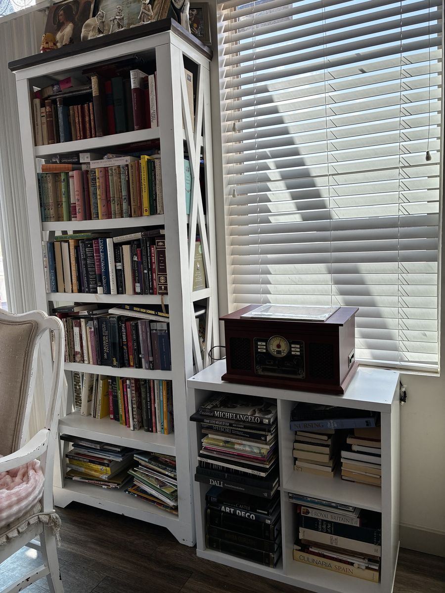 White Bookshelf, solid wood construction, six shelves.
