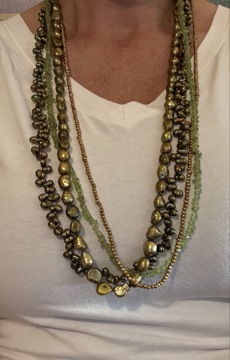 Vintage Multi Strand Freshwater Pearl Necklace Green Chip Beads Bronze Baroque Pearls Statement