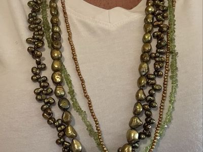 Vintage Multi Strand Freshwater Pearl Necklace Green Chip Beads Bronze Baroque Pearls Statement