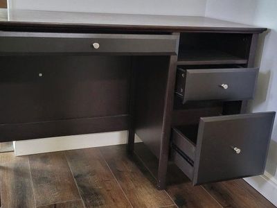 Dark Brown Wood Desk with 3 Drawers - Good Condition, 47-inch width