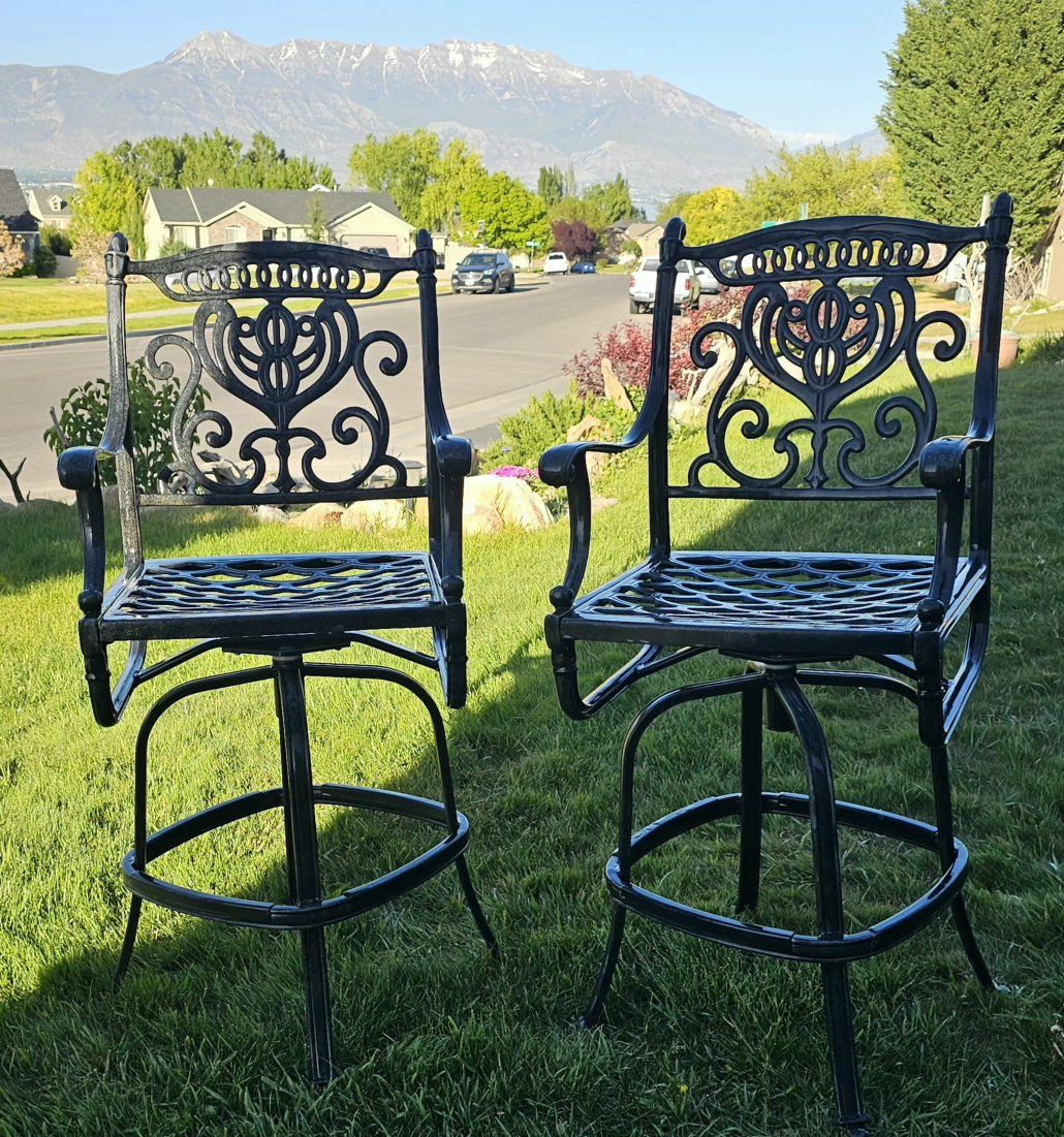 2 Cast Aluminum Swivel Bar Stools, Outdoor Patio Chairs, Black Wrought Iron Look, Footrest Ring 
30" is the Seating Position;